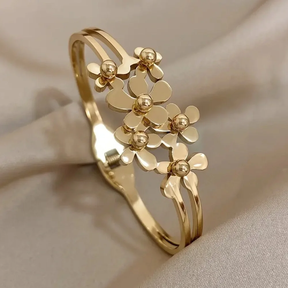 Women’s Gold Plated Abloom Dainty Bracelet Floral Blossom Charm Bangle, Feminine